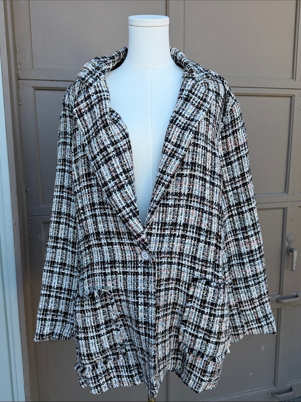 POL Black & White Plaid Bouclé Blazer